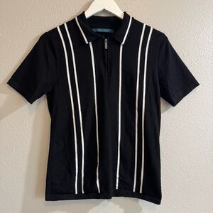 Perry Ellis Vintage Inspired Old Money Yacht Striped Zip Polo Shirt Black White